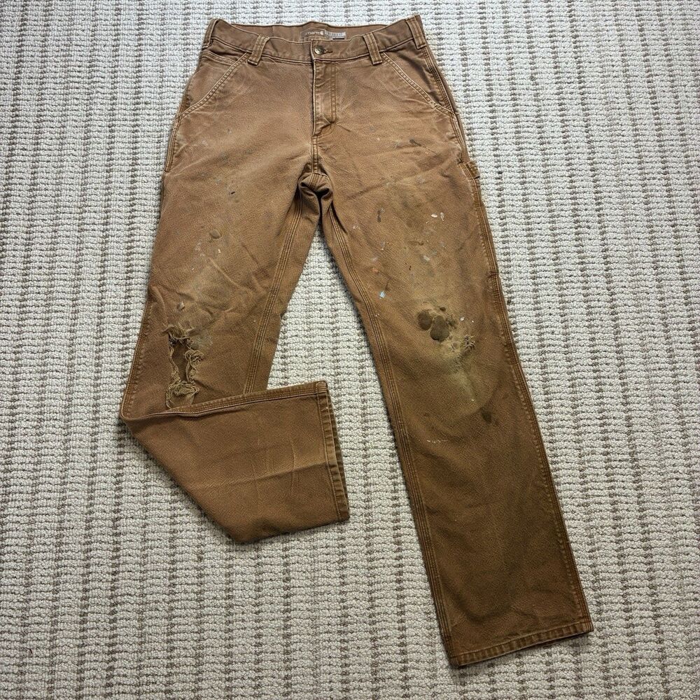 Y2K Carhartt Paint Splattered Distressed Brown Carpenter Duck Work Pants 30x30